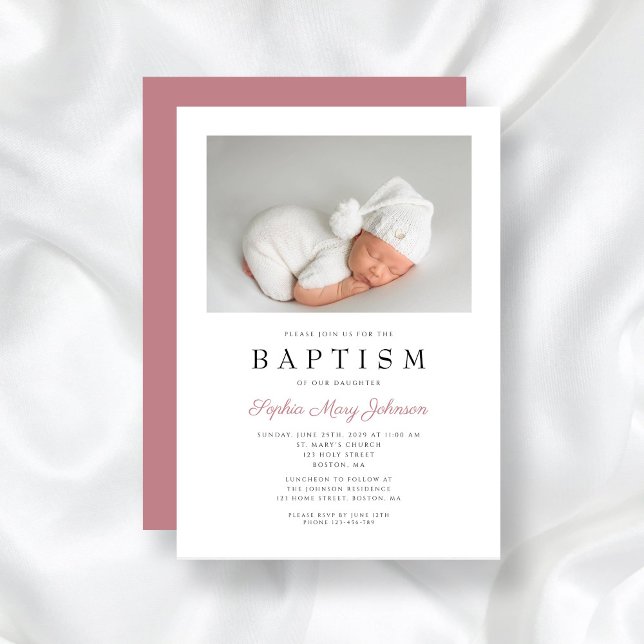 Dusty Rosa Elegant Photo Girl Baptism Inbjudningar (Dusty Pink Elegant Photo Girl Baptism Invitation)