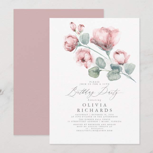 Dusty Rosa Elegant Romantic Blommigt Birthday Inbjudningar (Fram/baksida)