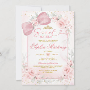 Dusty Rosa Flickas Blommiga Guld Krona Sweet Sixte Inbjudningar
