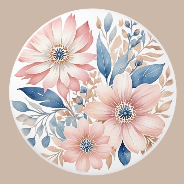Dusty Rosa Flowers Blue Beige Boho Blommigt Knopp (Skapare uppladdad)
