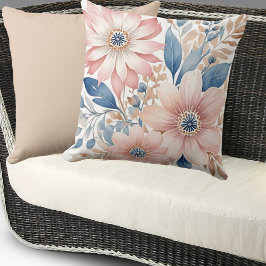 Dusty Rosa Flowers Blue Beige Boho Blommigt Kudde