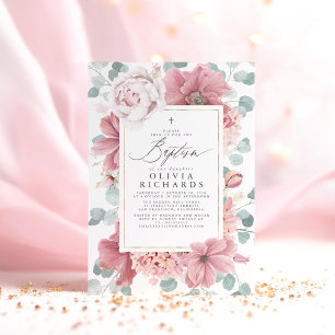Dusty Rosa Flowers Elegant Girls Baptism Inbjudningar