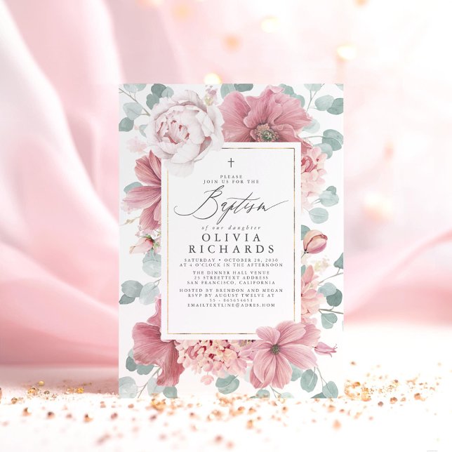 Dusty Rosa Flowers Elegant Girls Baptism Inbjudningar (Pink Floral Baptism Invitation)