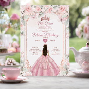 Dusty Rosa Flowers & Ro Guld Krona Mis Quince Inbjudningar