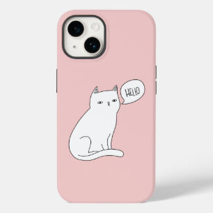 Dusty Rosa Funny White Cat Teckning Hej