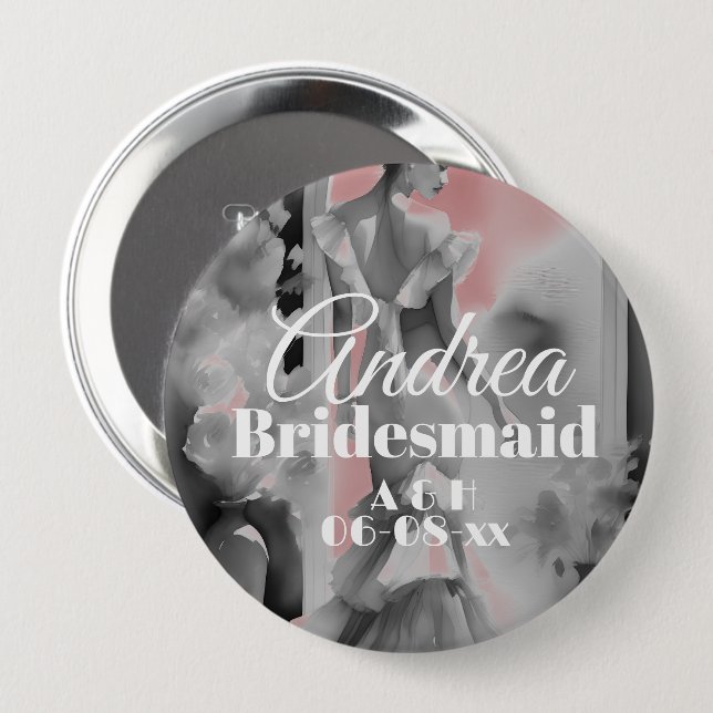 Dusty Rosa/ Grått Watercolor BeSnygg Bridesmaid Knapp (Framsida & baksida)