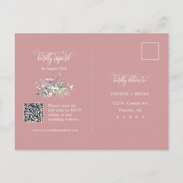 Dusty Rosa Grönt Löv QR Code Adress OSA Vykort (Baksida)