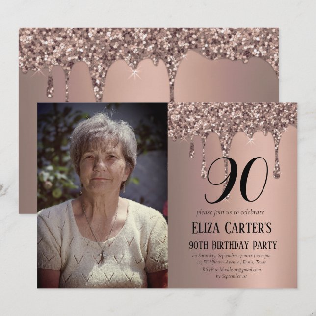 Dusty Rosa Guld 90:e Nittio Drift Elegant Birthday Inbjudningar (Fram/baksida)