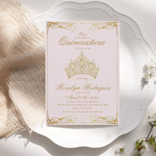 Dusty Rosa Guld Tiara Princess Quinceañera Inbjudningar