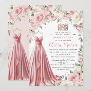 Dusty Rosa Ivory Blommigt Dress Gown Quinceañera Inbjudningar