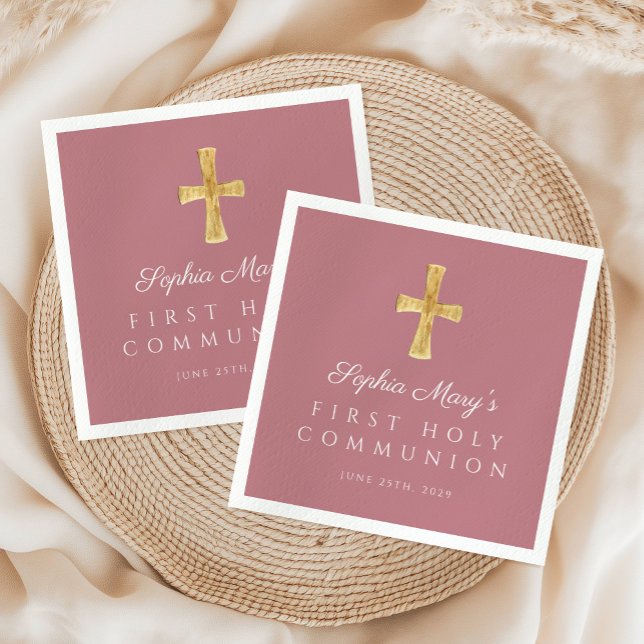 Dusty Rosa Kor Religiösa Girl First Communion Pappersservett (Dusty Pink Cross Religious Girl First Communion Napkins)