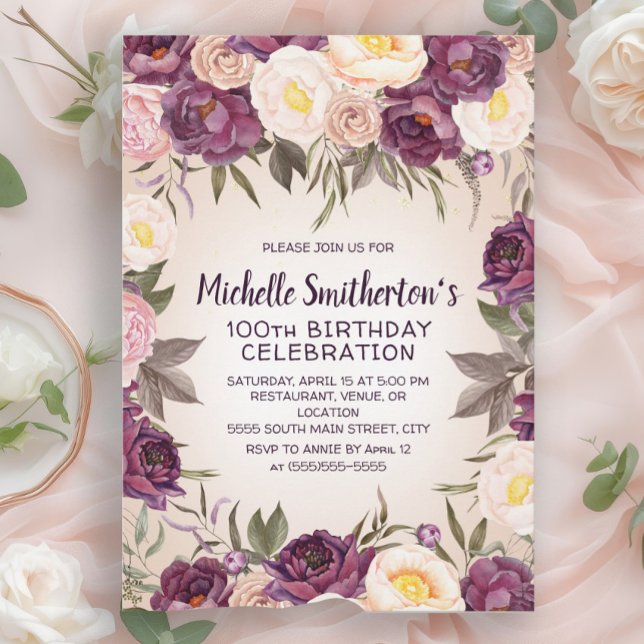 Dusty Rosa Lila Blommig 100-årsdag Inbjudningar (Purple, blush pink, and dusty rose watercolor floral 100th birthday party invitation)