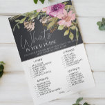 Dusty Rosa Lila Blommigt Spelvete i din handväska Flygblad<br><div class="desc">Vad är det i din möhippa? Vattenfärgad dammig rosa och lila blommor på träkolbakgrund. Matchande objekt för att slutföra din händelsesamling finns i vårt Zazzle-arkiv!</div>