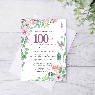 Dusty Rosa Lila Wildblomma 100:e födelsedagen Inbjudningar