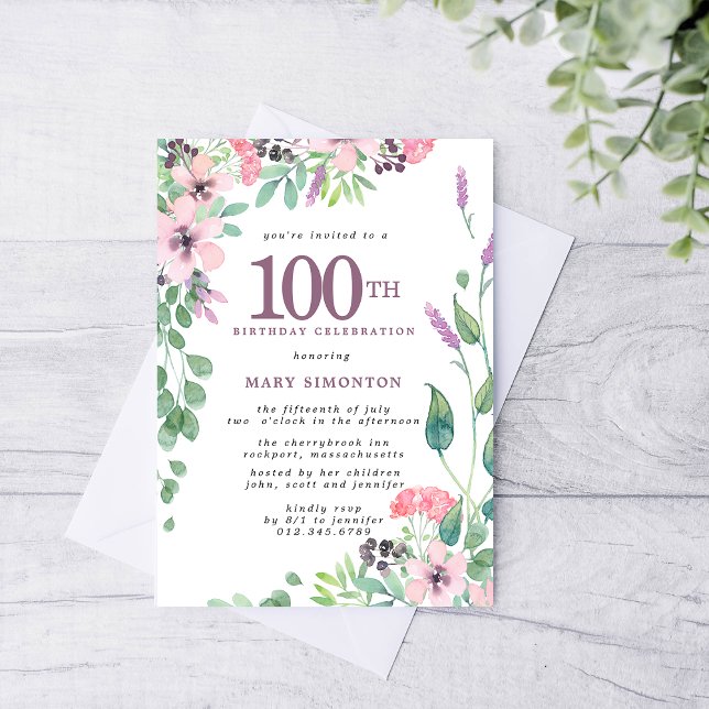Dusty Rosa Lila Wildblomma 100:e födelsedagen Inbjudningar (Skapare uppladdad)