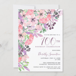 Dusty Rosa Lila Wildblomma 100:e födelsedagen Inbjudningar
