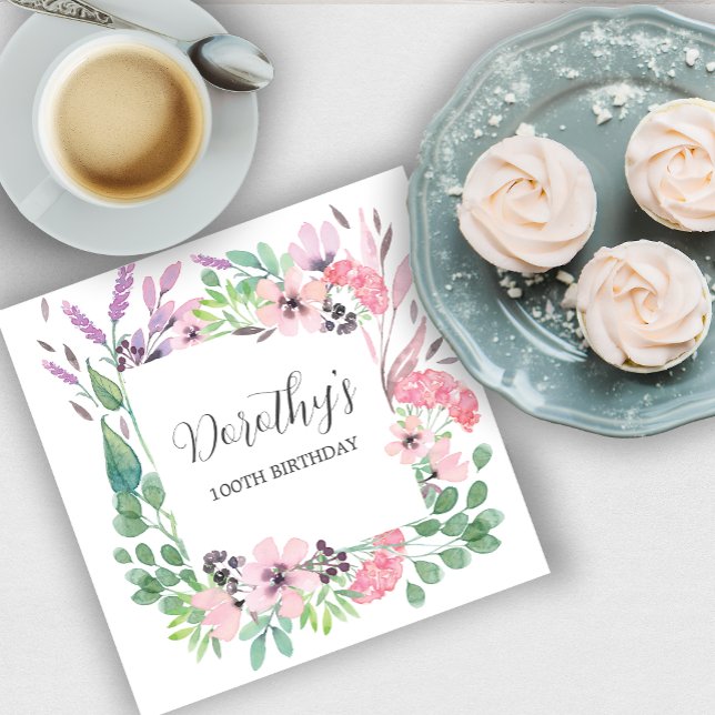 Dusty Rosa Lila Wildblomma 100:e Födelsedagsfesten Pappersservett (Skapare uppladdad)
