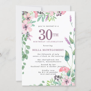 Dusty Rosa Lila Wildblomma 30års födelsedag Inbjudningar
