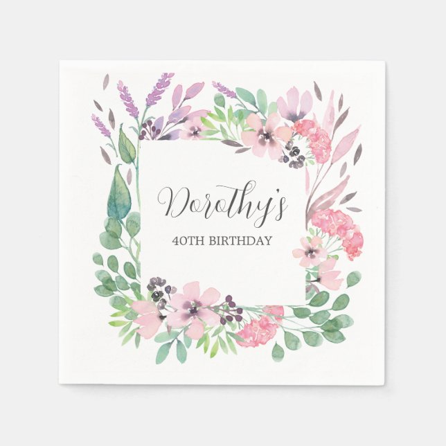 Dusty Rosa Lila Wildblomma 40:e födelsedagen Party Pappersservett (Framsidan)