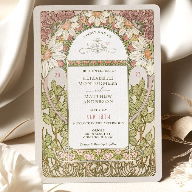 Dusty Rosa Marguerite Daisy Bröllop Art nouveau in Inbjudningar (Skapare uppladdad)