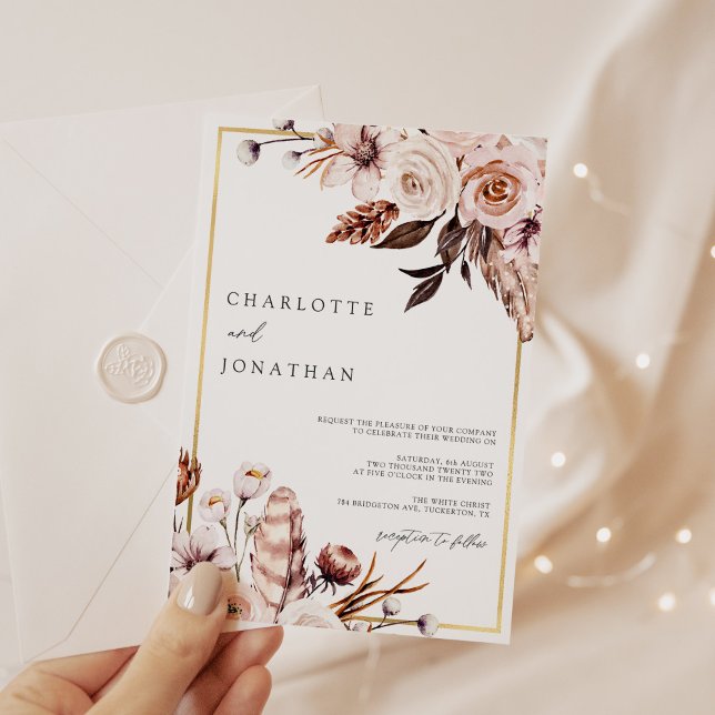 Dusty Rosa & Mauve Guld Ram Foliage Bröllop Inbjudningar (Skapare uppladdad)