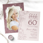 Dusty Rosa Mauve Photo Surprise 60:e födelsedagen Inbjudningar<br><div class="desc">Blommigt dammig rosa och kan överraska 60 födelsedagsfest inbjudan med ditt foto på baksidan av kortet. Trendiget boho har ändå modern femininin design med botaniska accenter och typsnitt för skrivstil. Enkel perfekt för inbjudan-kort i blommigt för en snyggt kvinnlig överraskning i firande. Kan anpassas till vilken ålder som helst. Skrivna...</div>