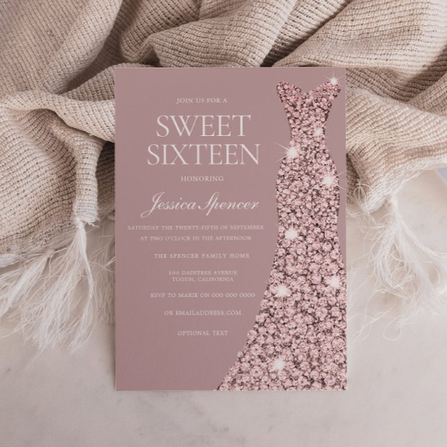 Dusty Rosa Mauve Ro Guld Dress Sweet 16 sexton Inbjudningar (Skapare uppladdad)