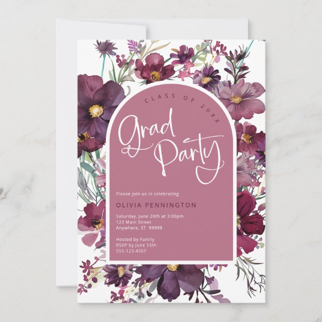 Dusty Rosa Mauve Wildblommor Grad Party Investigat Inbjudningar (Framsida)