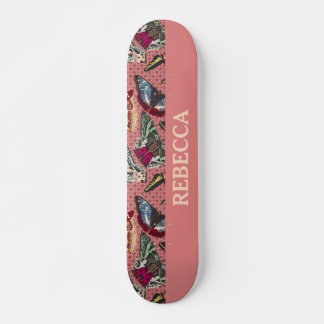 Dusty Rosa med Vintage Butterfly Illustrations Mini Skateboard Bräda 18,5 Cm