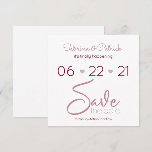 Dusty Rosa Merlot och Grått Minimal Spara datum Inbjudningar (Fram/baksida)