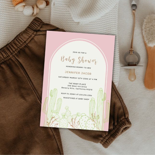 Dusty Rosa Minimalist Boho Cactus Arch Baby Shower Inbjudningar (Dusty Pink Minimalist Boho Cactus Arch Baby Shower Invitation)
