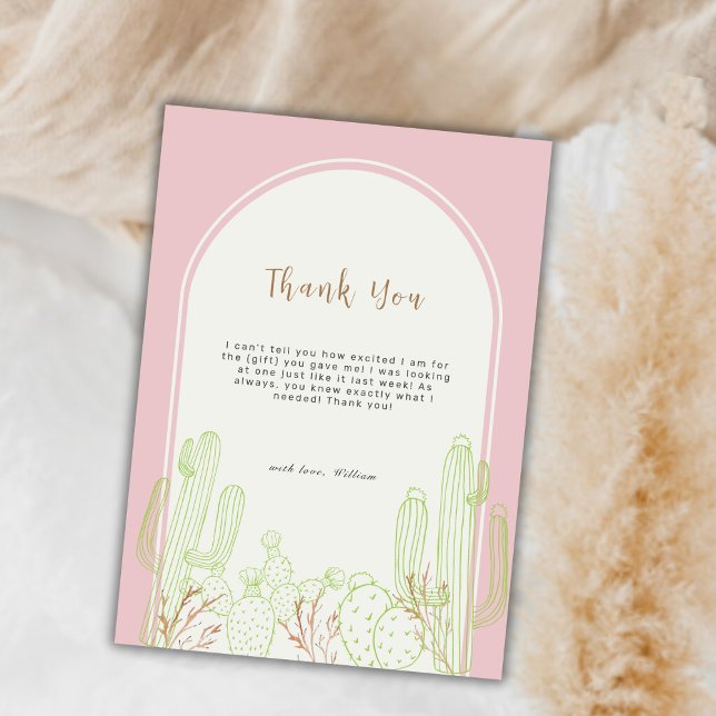 Dusty Rosa Minimalist Boho Cactus Arch Baby Shower Tack Kort (Dusty Pink Minimalist Boho Cactus Arch Baby Shower Thank You Card)