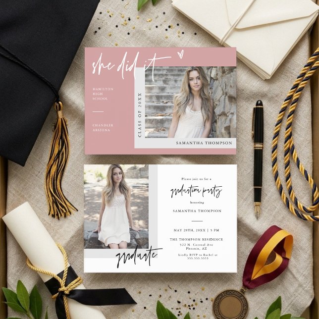 Dusty Rosa Modern Boho Hon gjorde det till Grad Ph Inbjudningar (Skapare uppladdad)