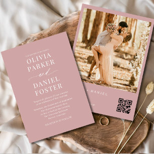 Dusty Rosa Modern QR-kodfoto Bröllop Inbjudningar