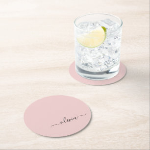 Dusty Rosa Modern Script Girly Monogram Namn Underlägg Papper Rund