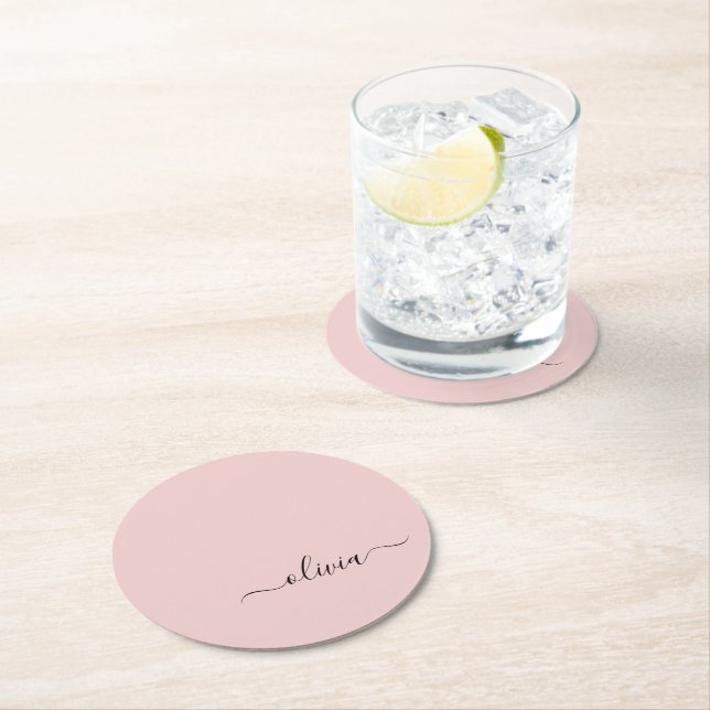  Dusty Rosa Modern Script Girly Monogram Namn Underlägg Papper Rund (Insitu)