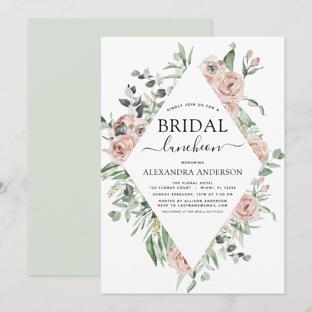 Dusty Rosa Möhippa Luncheon Greenery Invita Inbjudningar (Fram/baksida)