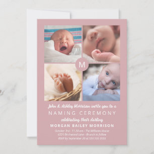Dusty Rosa Monogram Photo Collage Naming Ceremony Inbjudningar