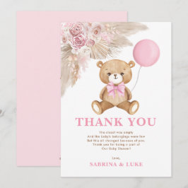 Dusty Rosa Nalle Balloon Girl Baby Shower Tack Kort