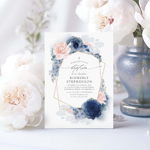 Dusty Rosa Navy Blåa blommor Elegant Baptism Inbjudningar