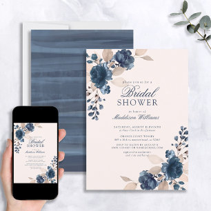 Dusty Rosa Navy Blåa blommor Rustic Möhippa Inbjudningar