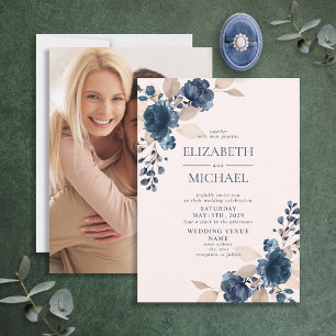 Dusty Rosa Navy Blue Blommigt Photo Rustic Bröllop Inbjudningar