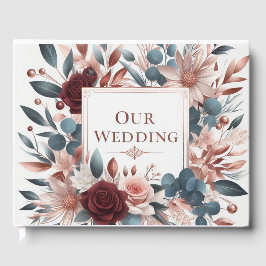 Dusty Rosa och Blåa blommor med Burgundy Ro Gästböcker