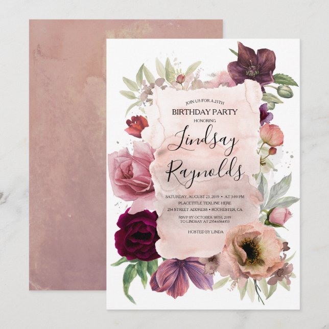 Dusty Rosa och Burgundy Blommigt Födelsedagsfest Inbjudningar (Fram/baksida)