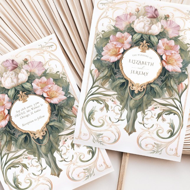 Dusty Rosa och Cream Art nouveau Bröllop Inbjudningar (Skapare uppladdad)