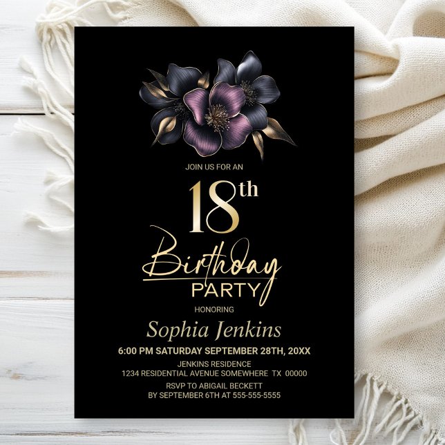 Dusty Rosa och Grått Blommigt 18:e Födelsedagsfest Inbjudningar (Skapare uppladdad)