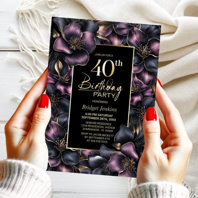 Dusty Rosa och Grått Blommigt 40:e födelsedagen Pa Inbjudningar (Skapare uppladdad)