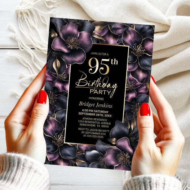 Dusty Rosa och Grått Blommigt 95:e Födelsedagsfest Inbjudningar (Skapare uppladdad)