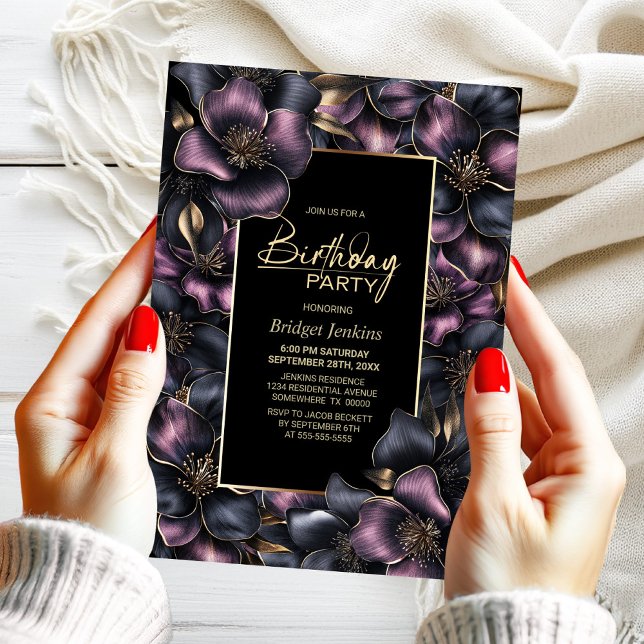 Dusty Rosa och Grått Blommigt i alla åldrar Födels Inbjudningar (Skapare uppladdad)