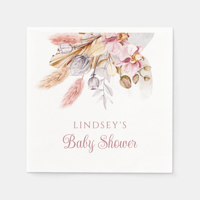 Dusty Rosa Pampas Grass Boho Blommigt Baby Shower Pappersservett (Framsidan)